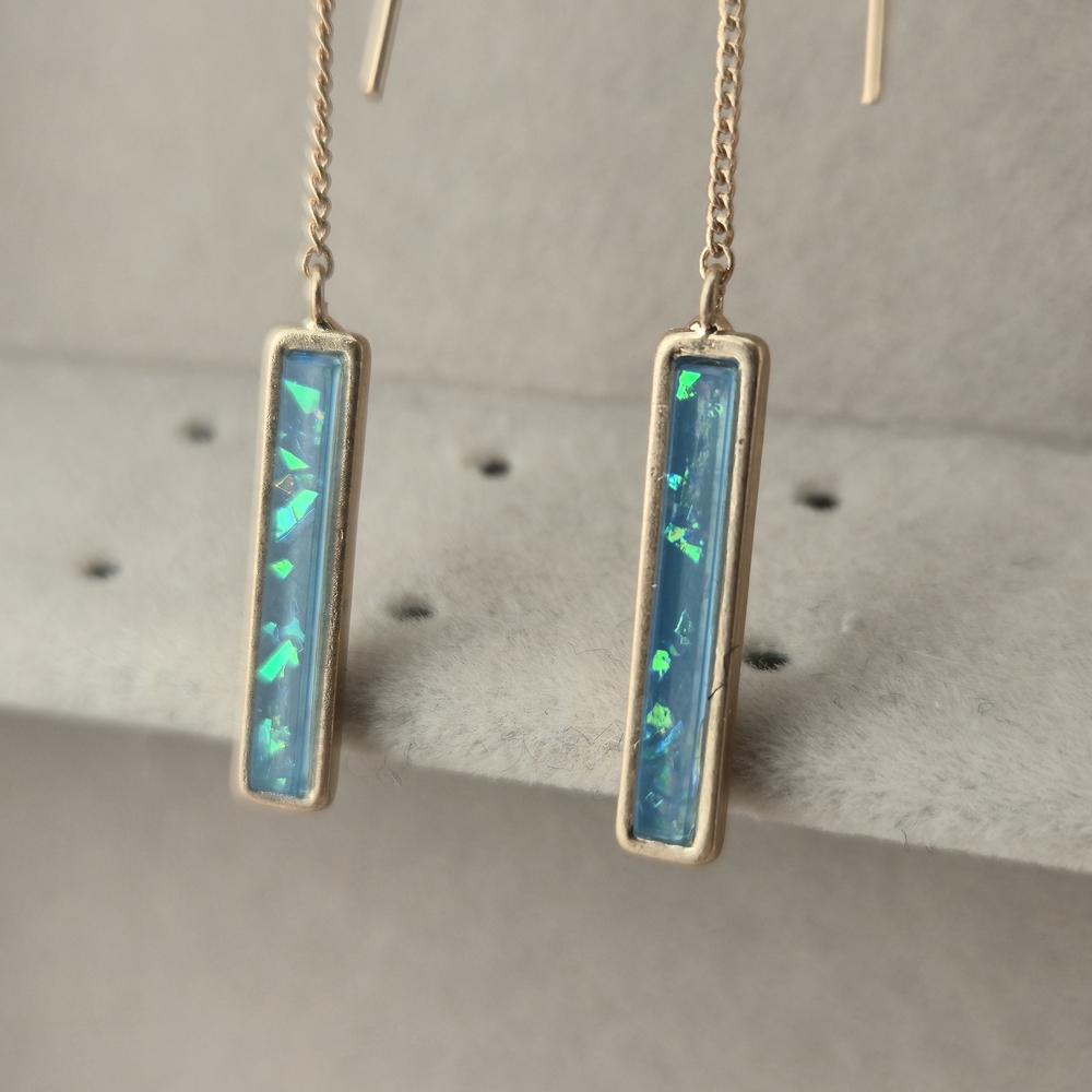 Gold Threader Earrings with Blue Opal-Style Inlay | Minimal Dangles - Picture 2 of 3